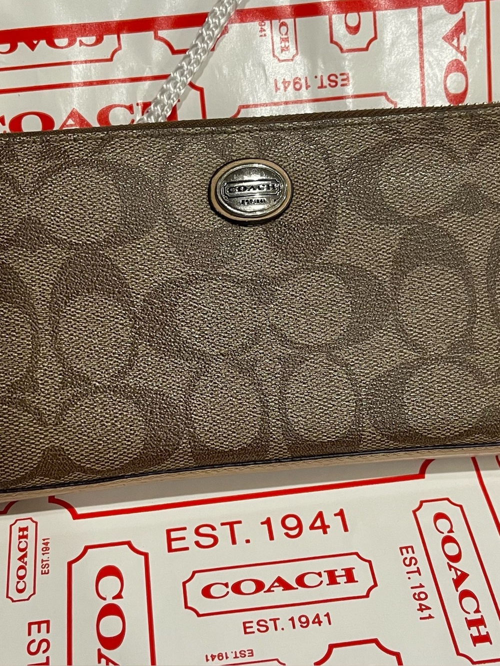 Coach Peyton Brown Signature C Wallet with Silver Logo Plaque